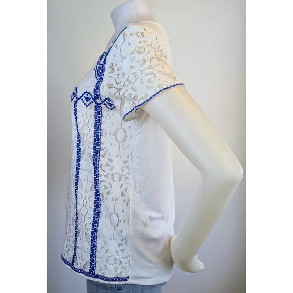 Market & Spruce Lace Overlay Short Sleeve Top Medium White Blue Boho Embroidered - Picture 5 of 10